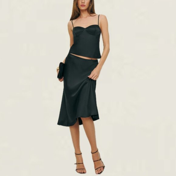 REFORMATION Sia Silk Two-Piece Sleeveless Top and Midi Skirt Set (Black) - Picture 2 of 16